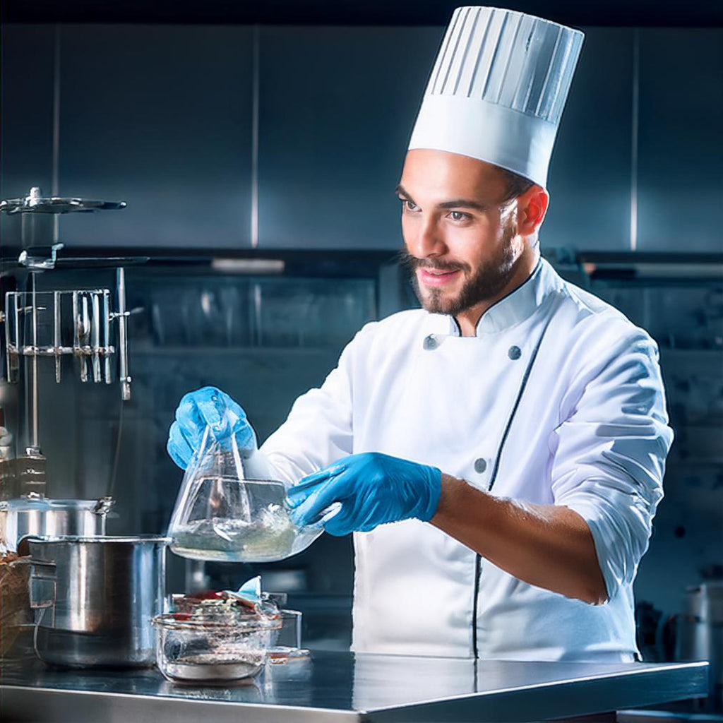 A scientist with chef costume formulating an adhesive in a chemistry lab