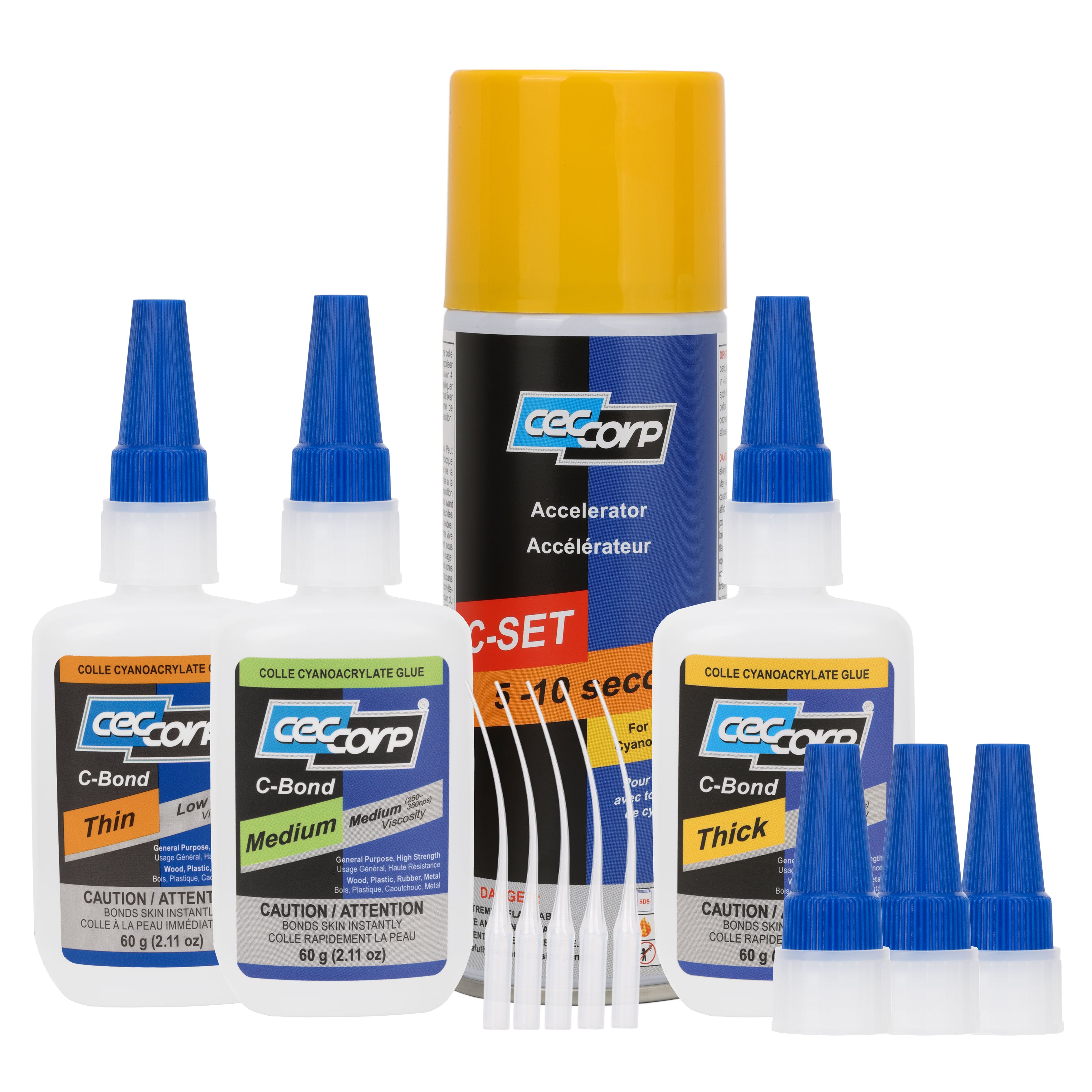 CA Glue & Accelerator Bundle - Three C-Bond Thin, Medium and Thick Super Glue with an Aerosol Accelerator, 3 Extra Caps & 5 Precision Nozzles - Complete Set for Woodworking, Hobby, Craft, and Repairs