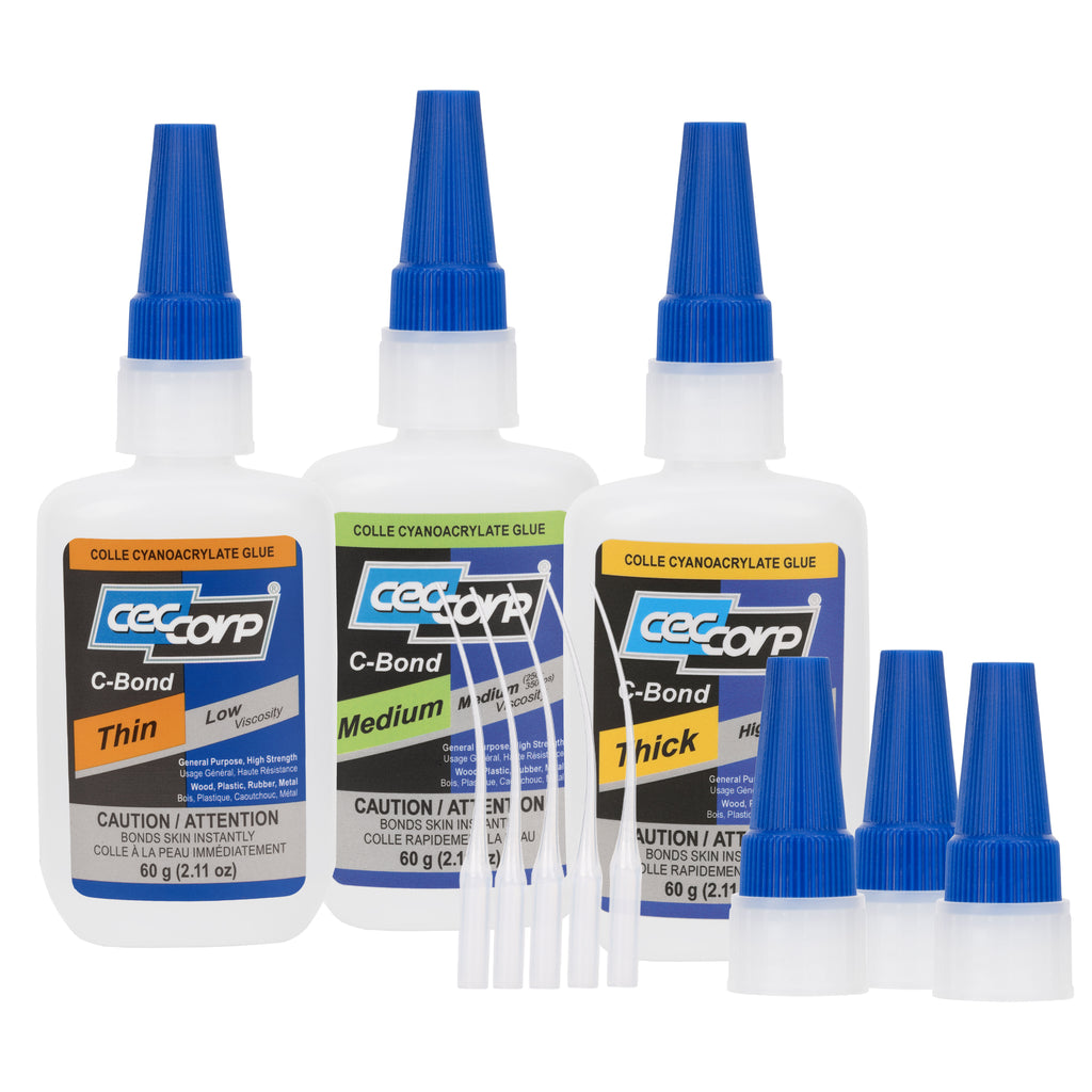 Super Glue Bundle: C-Bond Thick, Medium, Thin, (3 x 60g), with 3 Extra Caps & 5 Precision Nozzles; High, Medium, Low Viscosity CA Adhesives for All Purposes